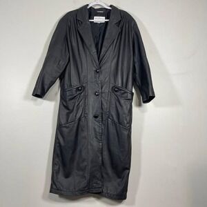 VTG Brandon Thomas Black Leather Trench Coat Womens Medium Long 90s Streetwear